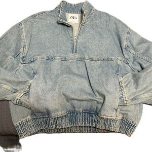 Zara Denim Half-Zip Pullover in Light Blue
